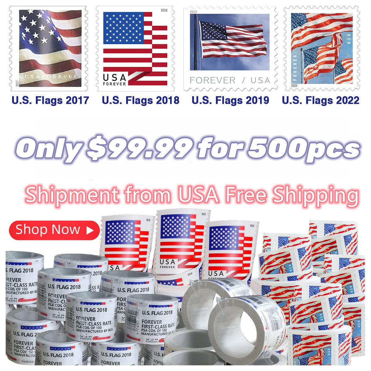 Limited Time Deal: $89.99 for 5 Rolls(500 Forever Stamps) – 2017/2018/2019/2022 Flag