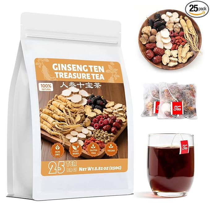 Ginseng Ten Treasures Kidney Tea, Natural Ginseng & Mulberry Herbal Tea kidney cleanse detox & repair Teabags for Men Women, 10 Precious Ingredients Formula (1 Pack/25 Bags)