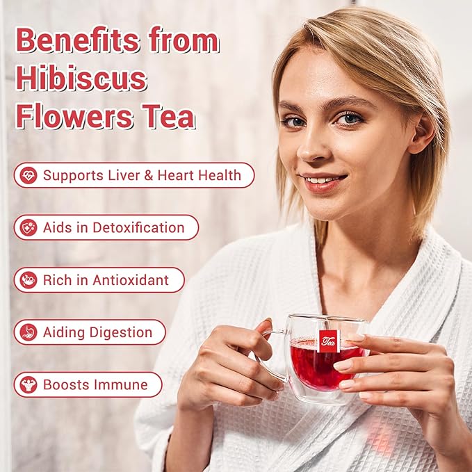 Hibiscus Tea Bags, 100% Natural Hibiscus Flowers Herbal Tea Supports Heart Health, Boosts Immune，Caffeine Free, Non-GMO, No Sugar (1 Pack/50 Bags)