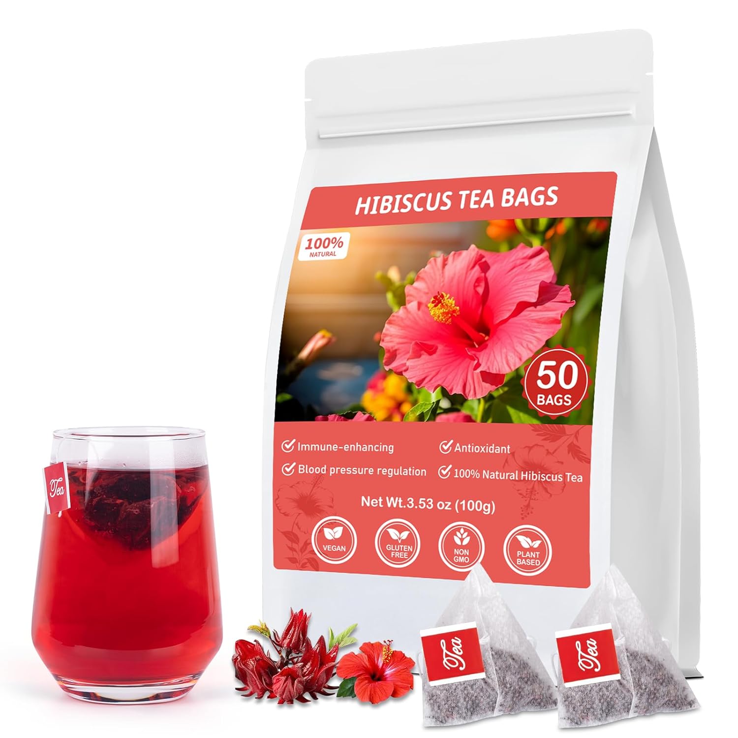 Hibiscus Tea Bags, 100% Natural Hibiscus Flowers Herbal Tea Supports Heart Health, Boosts Immune，Caffeine Free, Non-GMO, No Sugar (1 Pack/50 Bags)