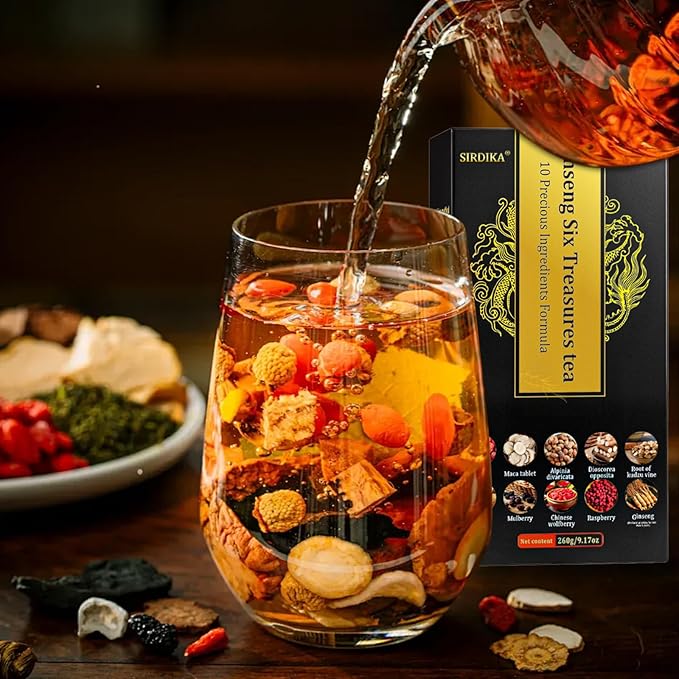 Kidney Tea Formula Ginseng Six Treasure Tea, 10 Precious Ingredients Formula, 260g/Box Ginseng Five Treasure Teabag, Chinese Herbal Teas Support Kidney and Live Health for Men Women (10 bags/1Box)