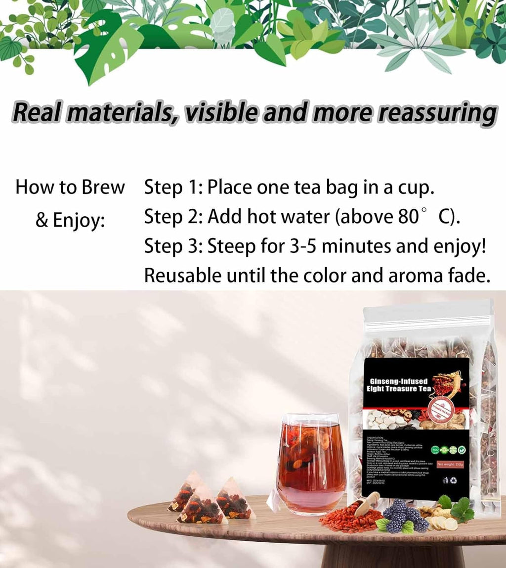 Ginseng-Infused Eight Treasure Teas, Kidney Tea Formula Ginseng Six Treasure Tea, Kidney Cleanse Detox Health Teabag for Women & Men, 8 Precious Ingredients (1 Pack/20 TeaBags)