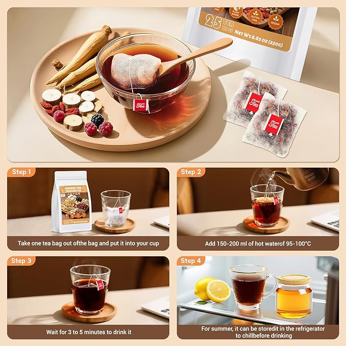 Ginseng Ten Treasures Kidney Tea, Natural Ginseng & Mulberry Herbal Tea kidney cleanse detox & repair Teabags for Men Women, 10 Precious Ingredients Formula (1 Pack/25 Bags)