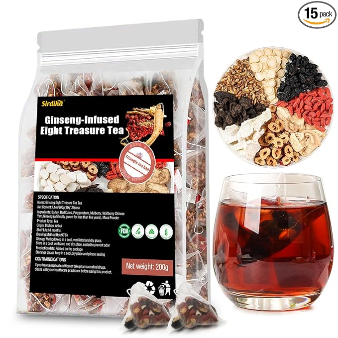 Ginseng-Infused Eight Treasure Teas, Kidney Tea Formula Ginseng Six Treasure Tea, Kidney Cleanse Detox Health Teabag for Women & Men, 8 Precious Ingredients (1 Pack/20 TeaBags)