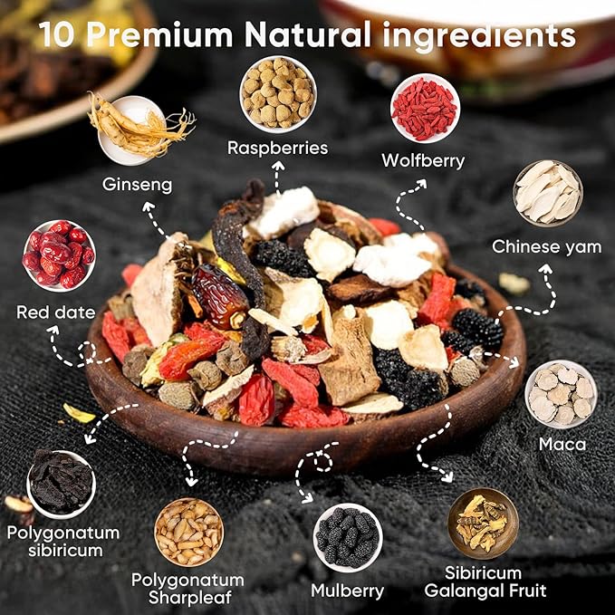 Kidney Tea Formula Ginseng Six Treasure Tea, 10 Precious Ingredients Formula, 260g/Box Ginseng Five Treasure Teabag, Chinese Herbal Teas Support Kidney and Live Health for Men Women (10 bags/1Box)