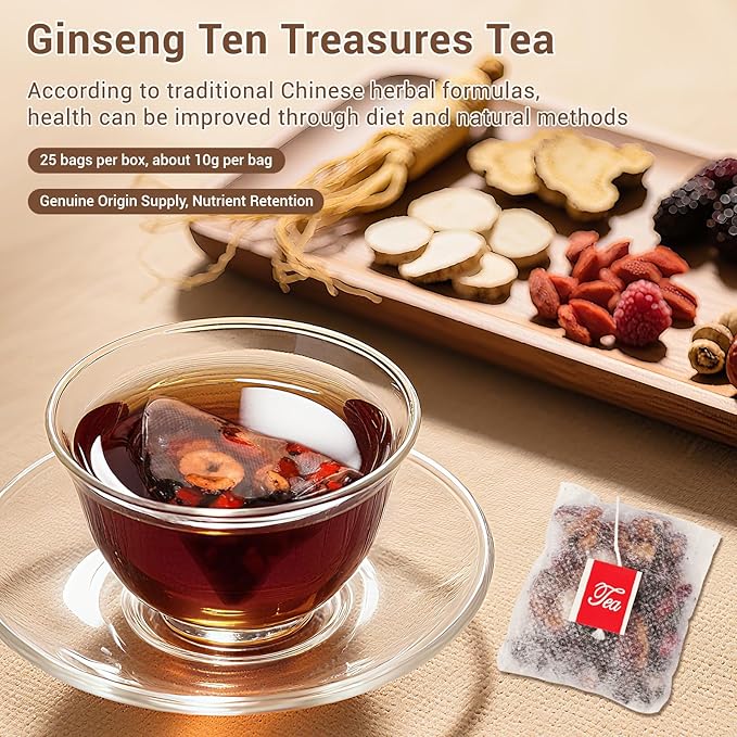 Ginseng Ten Treasures Kidney Tea, Natural Ginseng & Mulberry Herbal Tea kidney cleanse detox & repair Teabags for Men Women, 10 Precious Ingredients Formula (1 Pack/25 Bags)