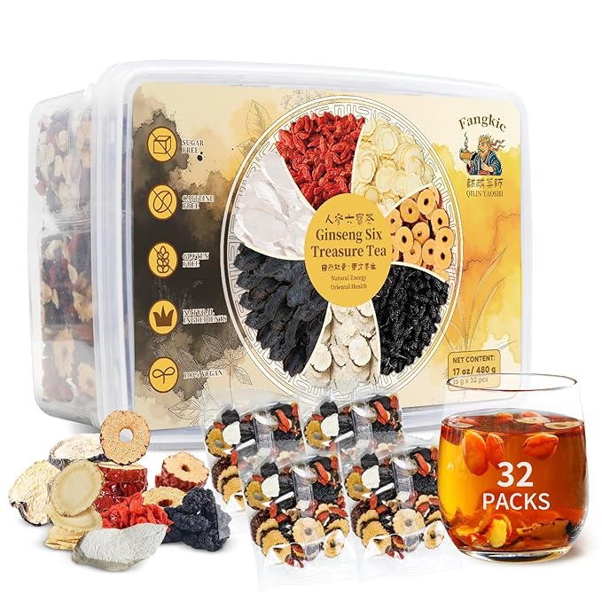 Ginseng Six Treasure Herbal Tea | Traditional Chinese 7-Herb Blend | Caffeine-Free (32 Packs)
