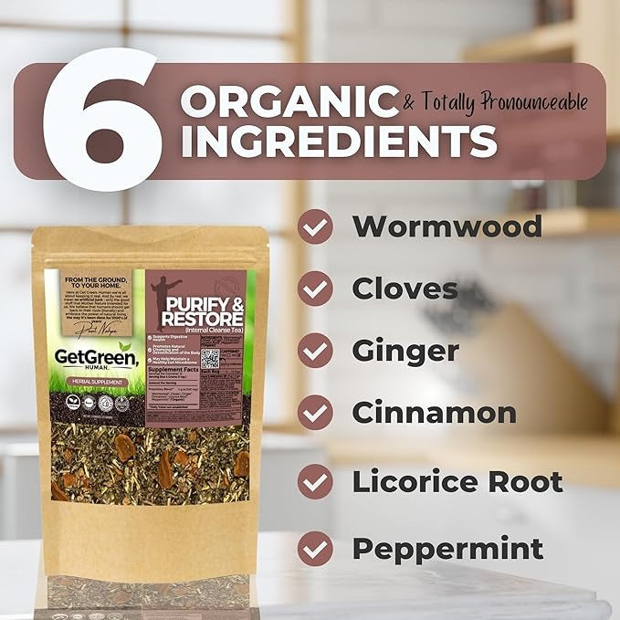 Gut Clean & Restore Loose Leaf Tea | Organic Wormwood, Cloves & Ginger Internal Cleanse,2 oz (57g) | Decaf, Vegan, Zero Caffeine | Resealable Bag | Purify Digestive Health by Get Green,