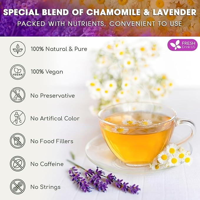 Premium 60 Chamomile Lavender Tea Bags, Calming Herbal Blend Strong Support for Relaxation & Better Sleep | Naturally Caffeine-Free Bedtime Tea with Soothing Floral Aroma, 100% Natural, Hand-made No Sugar/ Caffeine/ Gluten, Vegan
