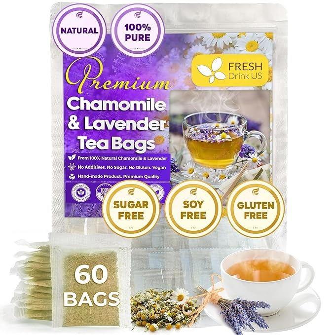 Premium 60 Chamomile Lavender Tea Bags, Calming Herbal Blend Strong Support for Relaxation & Better Sleep | Naturally Caffeine-Free Bedtime Tea with Soothing Floral Aroma, 100% Natural, Hand-made No Sugar/ Caffeine/ Gluten, Vegan