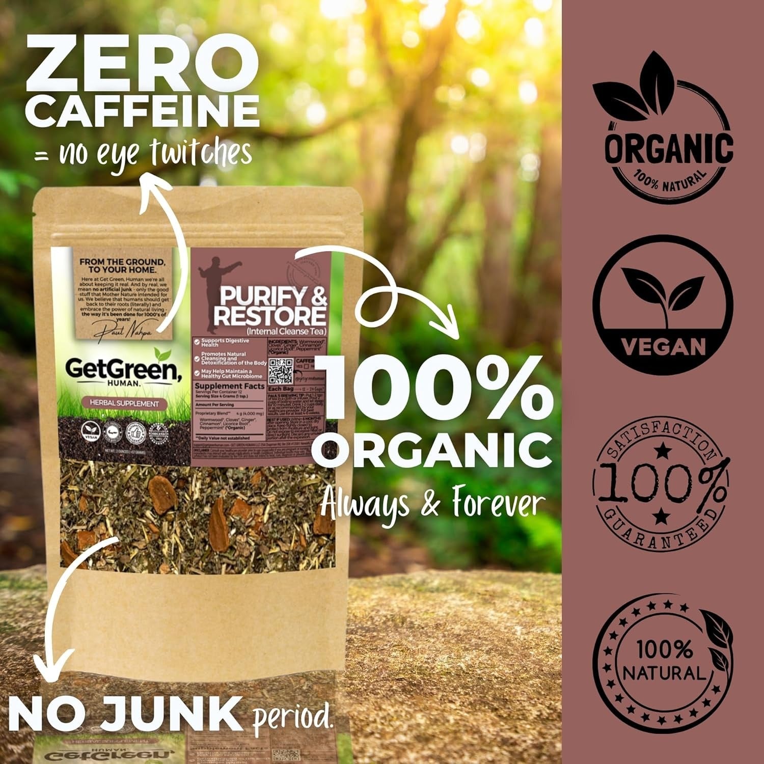 Gut Clean & Restore Loose Leaf Tea | Organic Wormwood, Cloves & Ginger Internal Cleanse,2 oz (57g) | Decaf, Vegan, Zero Caffeine | Resealable Bag | Purify Digestive Health by Get Green,