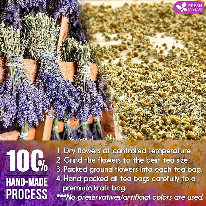Premium 60 Chamomile Lavender Tea Bags, Calming Herbal Blend Strong Support for Relaxation & Better Sleep | Naturally Caffeine-Free Bedtime Tea with Soothing Floral Aroma, 100% Natural, Hand-made No Sugar/ Caffeine/ Gluten, Vegan